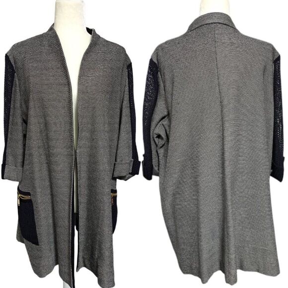 Misook Women's Open Knit Cardigan Duster Elbow Sleeves Black Gray Size 2X - Picture 1 of 11